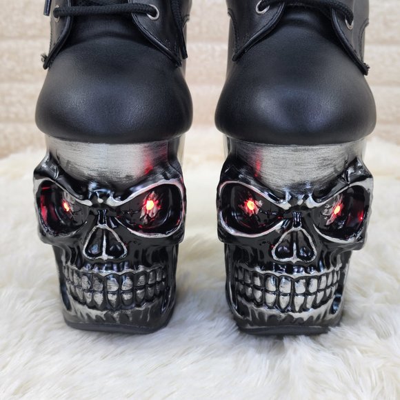 Skull & Bones 8" Heel 4" Platform Ankle Boots W Vortex Static Lighted Eyes - Picture 6 of 11